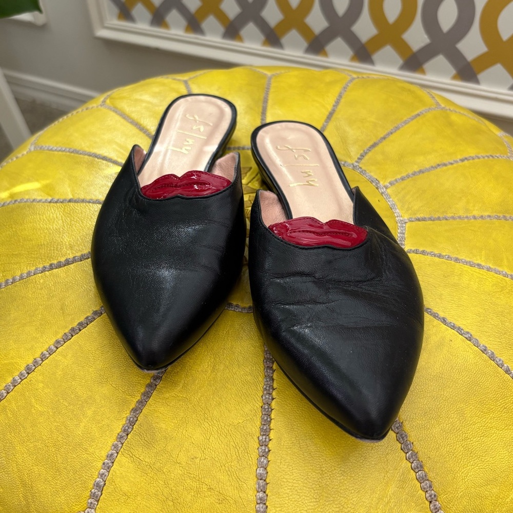 Black Leather Mules with Red Lip Accent